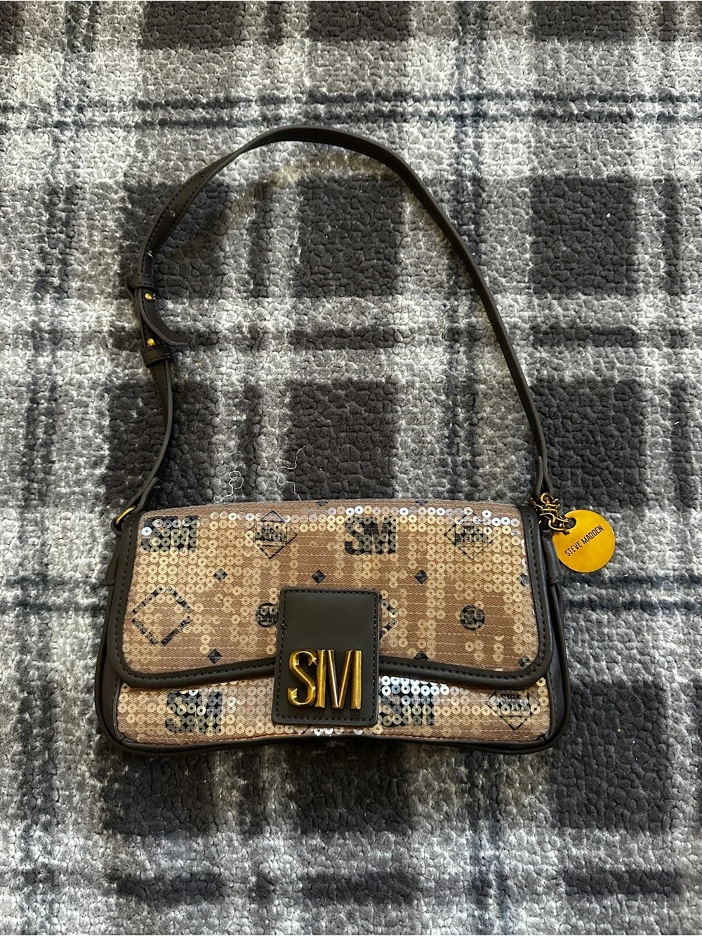 Steve Madden Sequin Beige Shoulder Bag with Gold Logo